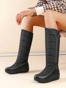 Women's Fuzzy Faux Fur Winter Snow Boots Fashion Platform Wedges Heel Pull On Waterproof Casual Comfy Knee High Boots Woman - 黑A - 查看 4