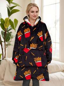 1pc French Fry Printed Hoodie Blanket, Flannel, 48inch Extra Large Loose Casual Hooded Wearable Couple Throw Blanket, Suitable For Men And Women, Sleepwear