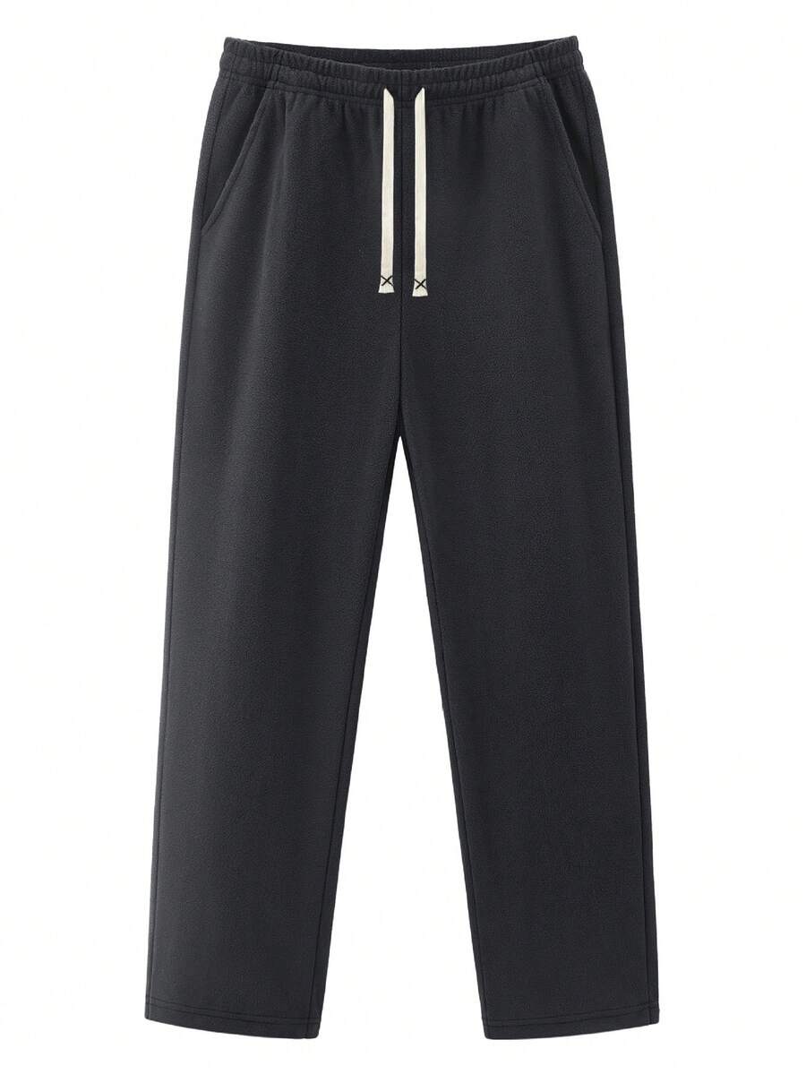 Men's Fleece Pants, Straight Leg, Side Slant Pockets, Casual & Versatile Style Suitable For Daily Commute, Autumn/Winter - Black - View 1