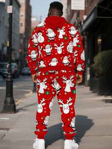 Plus Size Men's Christmas All-Over Print Set - Santa Claus Distressed Graphic Hoodie + Sweatpants 2 Pieces Outfit, Holiday Casual Sportswear - Red - View 4