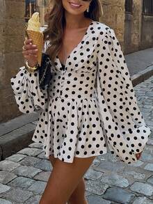 Vintage Polka Dot Mini Dress - Black & White Swing Dress With Lantern Sleeves & V-Neck, Retro Sweetheart Dress For Vacations & Parties - 黑與白 - 查看 3