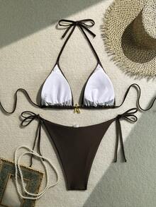 加大码性感吊带比基尼套装，侧边系带，高弹力面料，女式