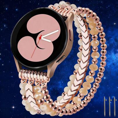 1pc Elastic Beaded Women's Smart Watch Band, Arrow-Shaped Strap Compatible With Samsung Galaxy Watch 4, Galaxy Watch 5/Active 2/Watch 4 Classic, 20mm Handmade Fashionable Elastic Beaded Bracelet Watch Band For Galaxy Watch 5 Pro
