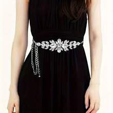 حزام سلسلة مرصع بالراين ذهبي اللون قابل للتعديل 1 قطعة - طراز بوهيمي فاخر مع تصميم أوراق لامعة للحفلات والسهرات