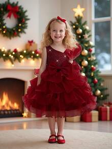 Sequin Multi-Layer Tulle Pageant Gown, Suitable For Party, Flower Girl, Wedding, Without Headband - Burgundy - View 4