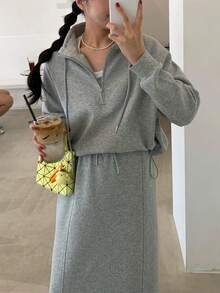 Conjunto otoñal vintage de estilo minimalista con sudadera con capucha de manga larga, cordón y media cremallera + falda recta con abertura trasera Ropa Dos piezas para Mujer - Gris - Ver 3