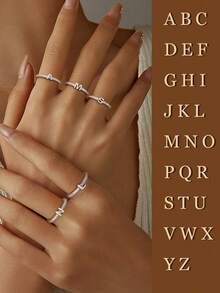 1枚A-Z字母钻石半圆开口戒指，女士个性化银戒指，精致珠宝，生日礼物 - 鑲鑽字母開口戒指 - 查看 2