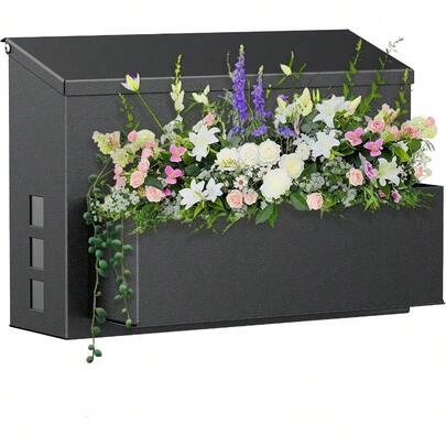 Uniclife Wall Mount Mailbox For Outside Large Mailbox With Planter Large Capacity Mail Box For House RustProof Steel Post Box For Home Office School Modern Metal Drop Case Black