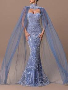 Bộ váy dạ hội hai mảnh sang trọng dành cho nữ – Váy đuôi cá không dây đính sequin và hạt cườm, cổ cao, áo choàng vải tuyn trong suốt và thiết kế hở lưng – Hoàn hảo cho đám cưới, sự kiện thảm đỏ, bữa tối tối và tiệc Gala - Màu xanh bụi bặm - Xem 1