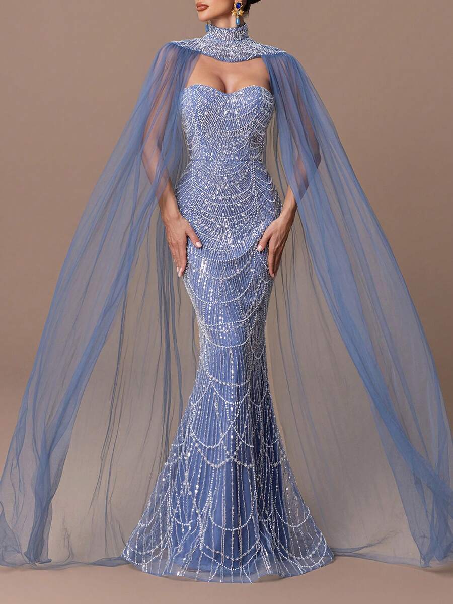 Bộ váy dạ hội hai mảnh sang trọng dành cho nữ – Váy đuôi cá không dây đính sequin và hạt cườm, cổ cao, áo choàng vải tuyn trong suốt và thiết kế hở lưng – Hoàn hảo cho đám cưới, sự kiện thảm đỏ, bữa tối tối và tiệc Gala - Màu xanh bụi bặm - Xem 1