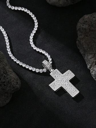 1pc Religious Jewelry Platinum Plated Men's Bling AAAAA Zirconia Brass Rapper Pendant Necklace High Quality Rectangular Diamond Cross Hip Hop 20 Inch 4mm Tennis Chain Couple Gift Holiday Accessories