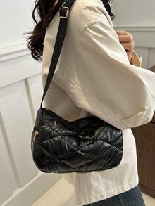 1 pieza Bolso bandolera acolchado de poliéster brillante con cremallera, de moda para uso diario de mujeres - Negro - Ver 4