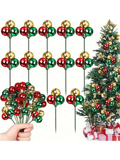 6 piezas Ramas de flores artificiales de Navidad, adornos de flores en forma de bolas de Navidad, bolas decorativas de colores rojo, verde y dorado mezclados, accesorios DIY para coronas de Navidad, ramas de relleno para árboles de Navidad, adecuado para decoración navideña del hogar, decoración navideña de la habitación, decoración navideña de restaurantes, decoración de árboles de Navidad, pequeños regalos navideños DIY, decoración de jarrones, suministros de decoración navideña perfectos