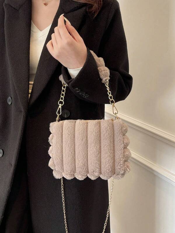 1pc Black Furry Square Handbag, Fashionable Fluffy Shoulder Bag, Suitable For Women's Daily Use