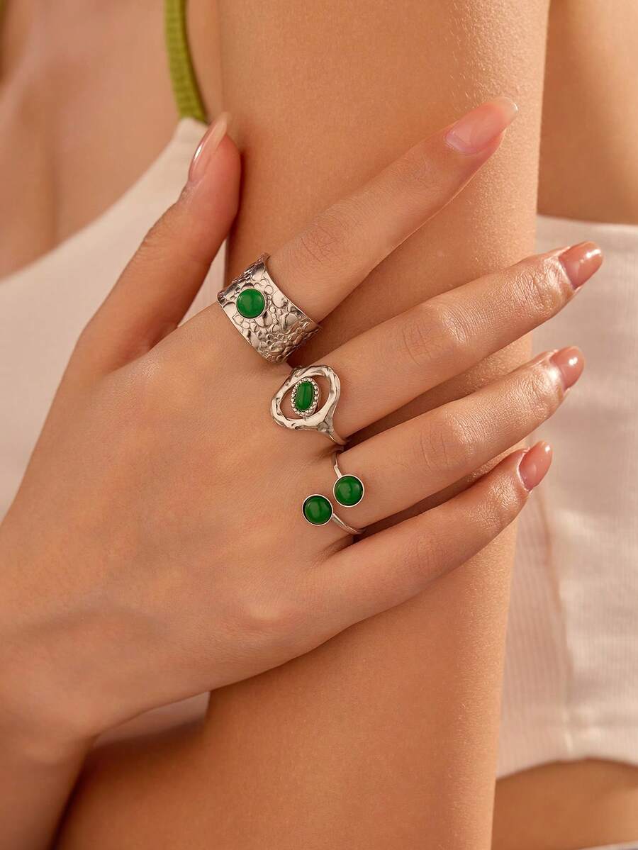 Conjunto de 3 anéis de aço inoxidável femininos, prata, minimalista, resina verde, pedras preciosas, adequado para decoração diária ou presente feminino