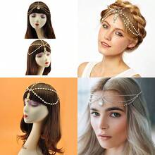 Gold Head Chain Pearl Sequins Rhinestone Headband Crystal Bohemian Hair Bands Halloween Hair Hoop Women Boho Hippie Hairband Party Decoration Cosplay Costume Handmade Headpiece Hair Jewelry 2 Pack#SSDD B BJNHMJ