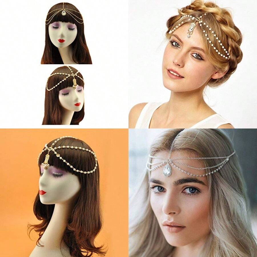 Gold Head Chain Pearl Sequins Rhinestone Headband Crystal Bohemian Hair Bands Halloween Hair Hoop Women Boho Hippie Hairband Party Decoration Cosplay Costume Handmade Headpiece Hair Jewelry 2 Pack#SSDD B BJNHMJ