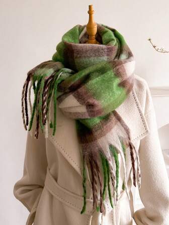 1 Pc Women Head Scarf Winter Ladies Scarves Horsehair Color Blending Plaid Imitate Cashmere Shawls And Wraps Thick Warm Lady's Fashion Colors Tassel Pull Plush Scarves Outdoor Women Shawl Blanket For Dress