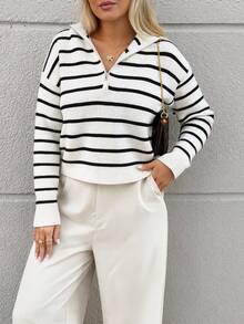 DONICY Women's Autumn/Winter Half-Zip Striped Pullover Long Sleeve Casual Top - Black and White - View 5
