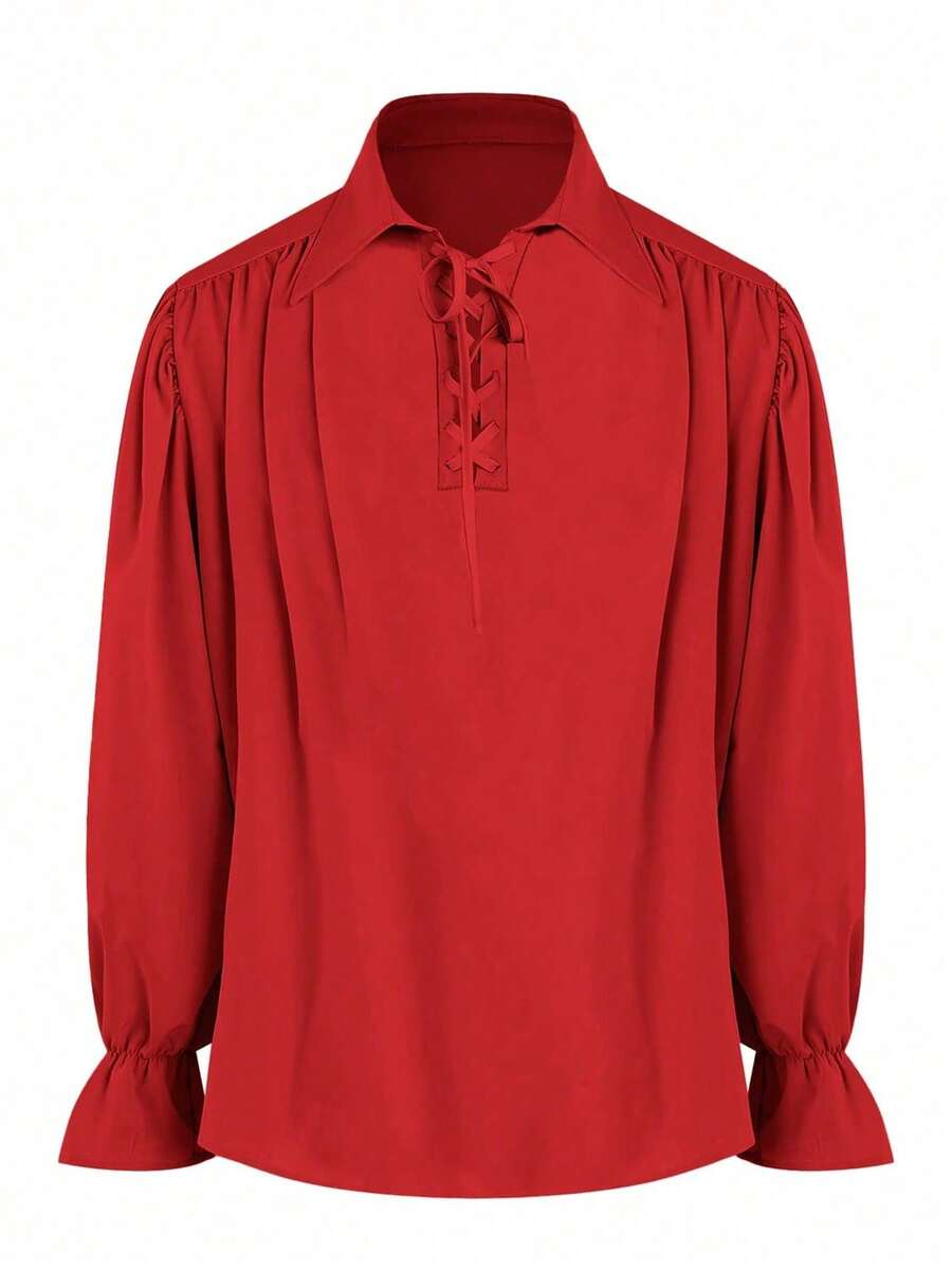 Men's Long Sleeve Halloween Pirate Costume Medieval Ruched Shirt, Steampunk Victorian Era Cosplay, Gothic Renaissance Viking Shirt Top - Red - View 1