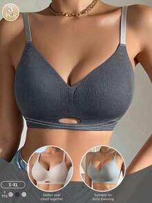 3 件女士舒适休闲文胸，简约无钢圈提升支撑文胸，亲肤透气材质 - 彩色 - 查看 3