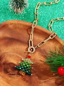 Green Handmade Beaded Christmas Tree With Golden Bubble Clasp Necklace, Elegant Christmas Gift, Shiny Party Jewelry