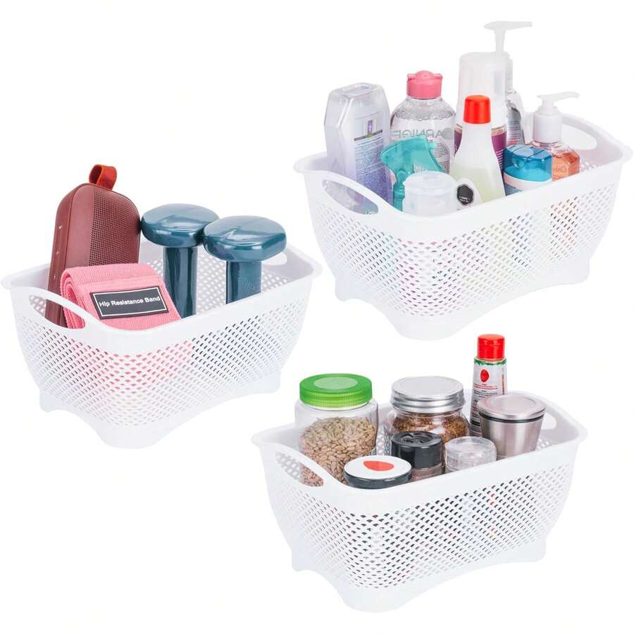 Canastas Organizadoras de Plástico Set de 3 Cestos de Almacenamiento y Decoración Blancos.Ideal para Artículos de Baño, Lavandería, Despensa, Cocina y el Hogar, es Multiusos y Fácil de Limpiar - 1 - Ver 1