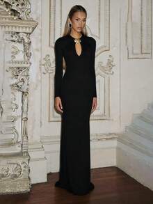 Vestido elegante y sexy - Vestido de manga larga de satén sólido con decoración metálica calada, vestido de fiesta para festival de música, vestido de noche formal, vestido de fiesta de Navidad