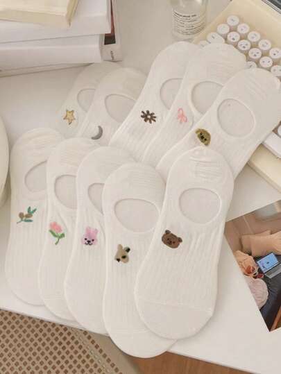 5/10 pares de calcetines de barco blancos para mujer, finos para el verano, cómodos y transpirables, calcetines invisibles de corte bajo