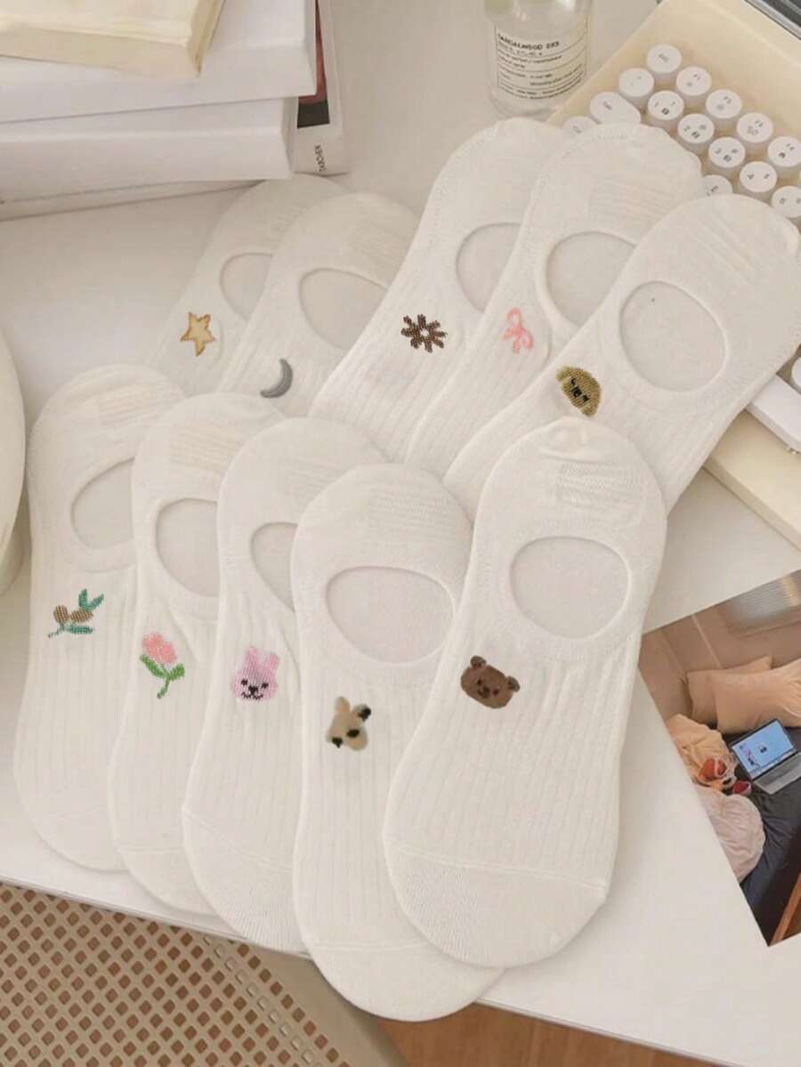 5/10 Pairs White Women Boat Socks, Thin For Summer, Comfortable & Breathable, Low-Cut Invisible Socks