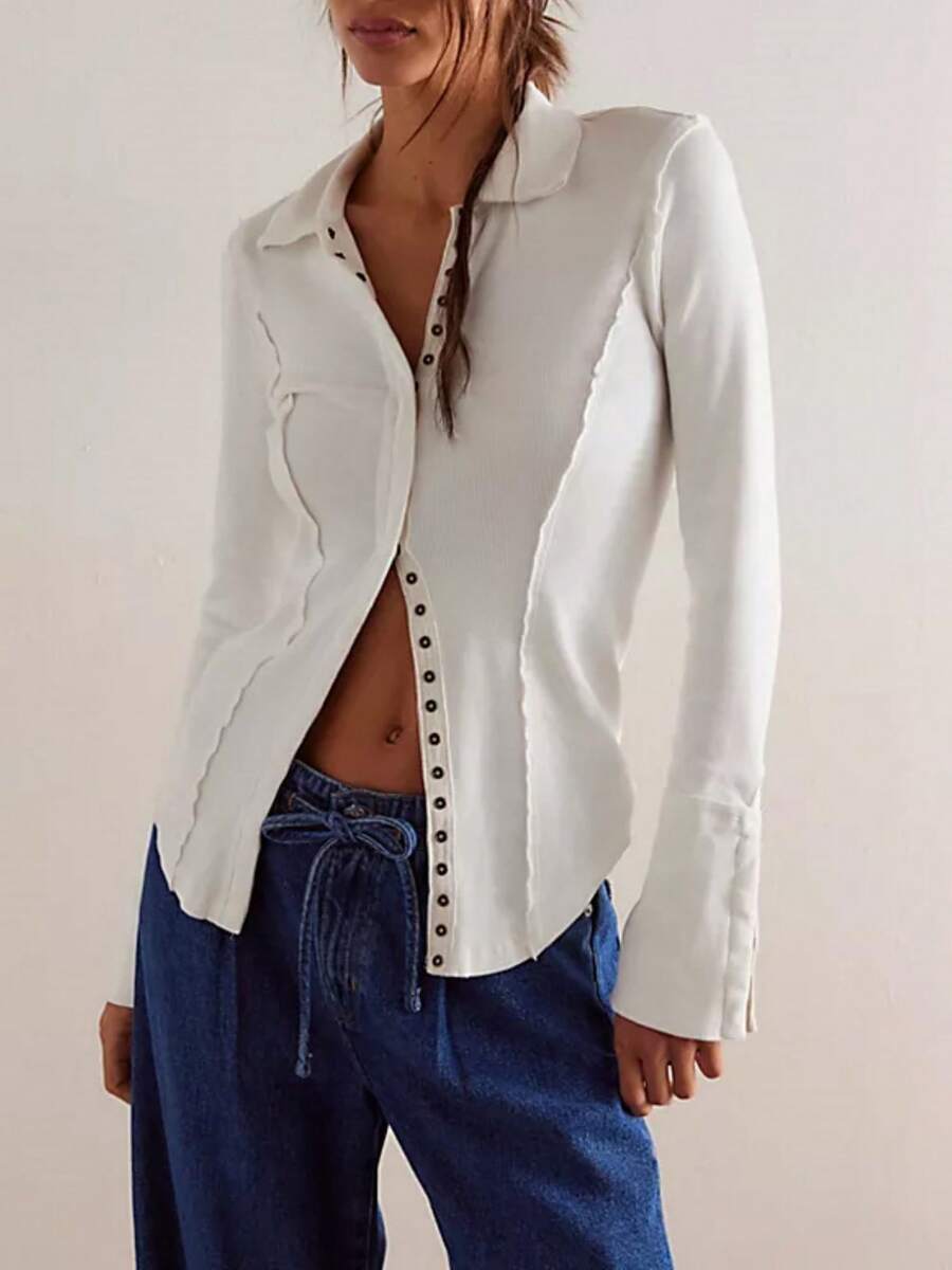 Women's Long Sleeves Snap Button Down Blouses Stretchy Waffle Knit Basic Crew Neck Solid Color Shirts Winter Fall Causal Daily - 杏色 - 查看 1