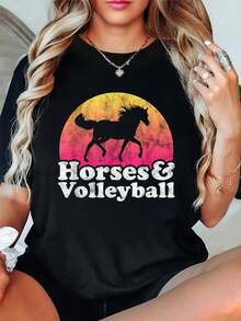 Horse And Volleyball Women Or Girls Horses T-Shirt Casual Short Sleeve Shirt Women's Graphic Tees Printed Cotton T-Shirt Christmas Women Clothing Black Top - Black - View 1