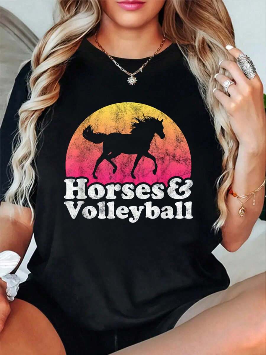 Horse And Volleyball Women Or Girls Horses T-Shirt Casual Short Sleeve Shirt Women's Graphic Tees Printed Cotton T-Shirt Christmas Women Clothing Black Top - Black - View 1