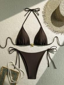 加大码性感吊带比基尼套装，侧边系带，高弹力面料，女式