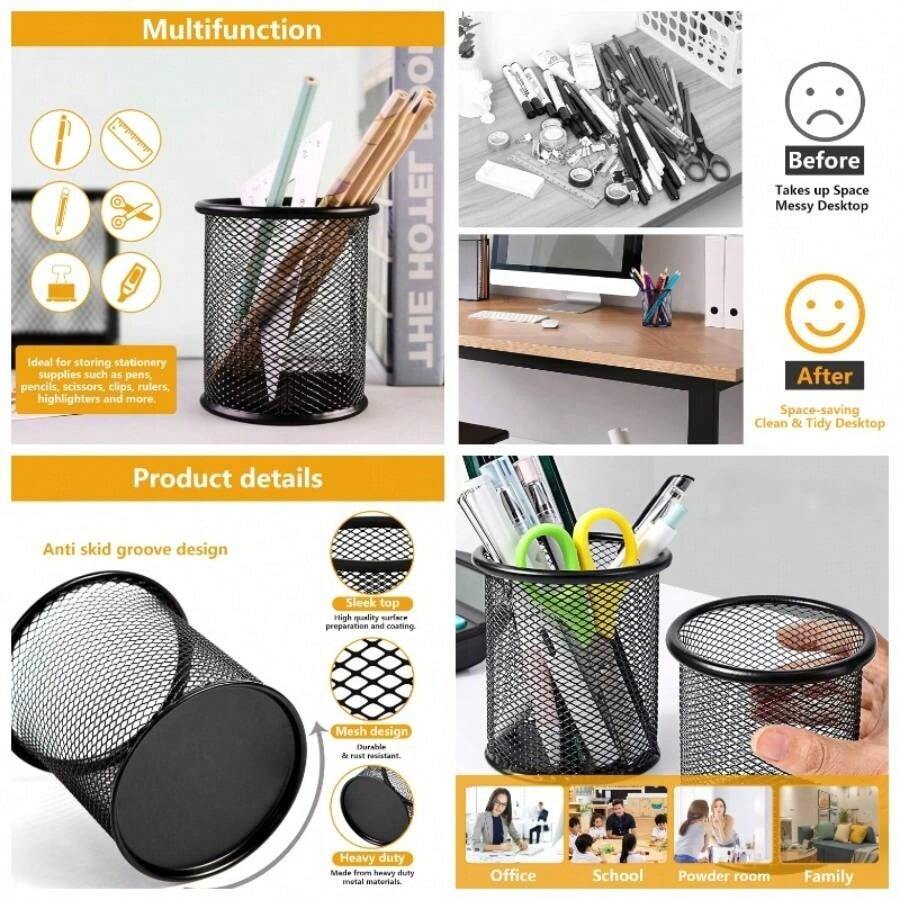 Portalpices de malla metlica para lpices para escritorio, escuela Negro, Redondo 10 * 9cm - Redondo 10 * 9cm + Negro - Ver 1