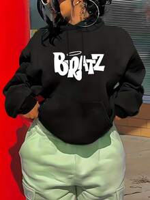 Mujer003 Sudadera de mujer invierno sudadera de manga larga cómoda suave Camiseta capucha negra con el logotipo  en blanco, estilo casual y moderno, perfecta para cualquier ocasión - Negro - Ver 1