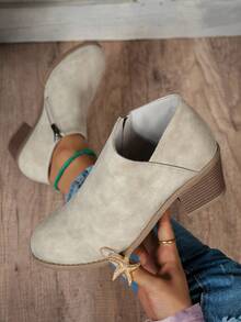 秋冬女装时尚粗跟侧拉链休闲踝靴、粗跟切尔西靴、机车靴、骑马靴、冬靴、女靴、冬鞋、黑色高跟鞋 - 米色 - 查看 4