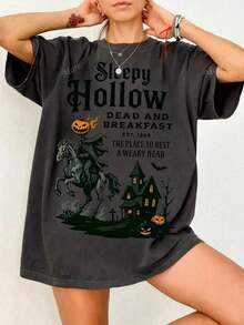 Sleepy Hollow Dead And Breakfast Est. 1869 The Place To Rest A Weary Head Halloween Clothes, Nightmare Before Christmas, Halloween, Halloween Costumes For Women, Oversized Loose Fit Round Neck Short Sleeve T-Shirt  Printed T-Shirt Retro Pattern Fashion Style Limited Edition Hot Recommendation - 深灰色 - 查看 1