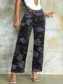High Waist Slant Pockets Floral Printed Jeans, Elegant & Comfortable, Casual Outdoor Straight Leg Washed Jeans, Summer Holiday - Black - View 2