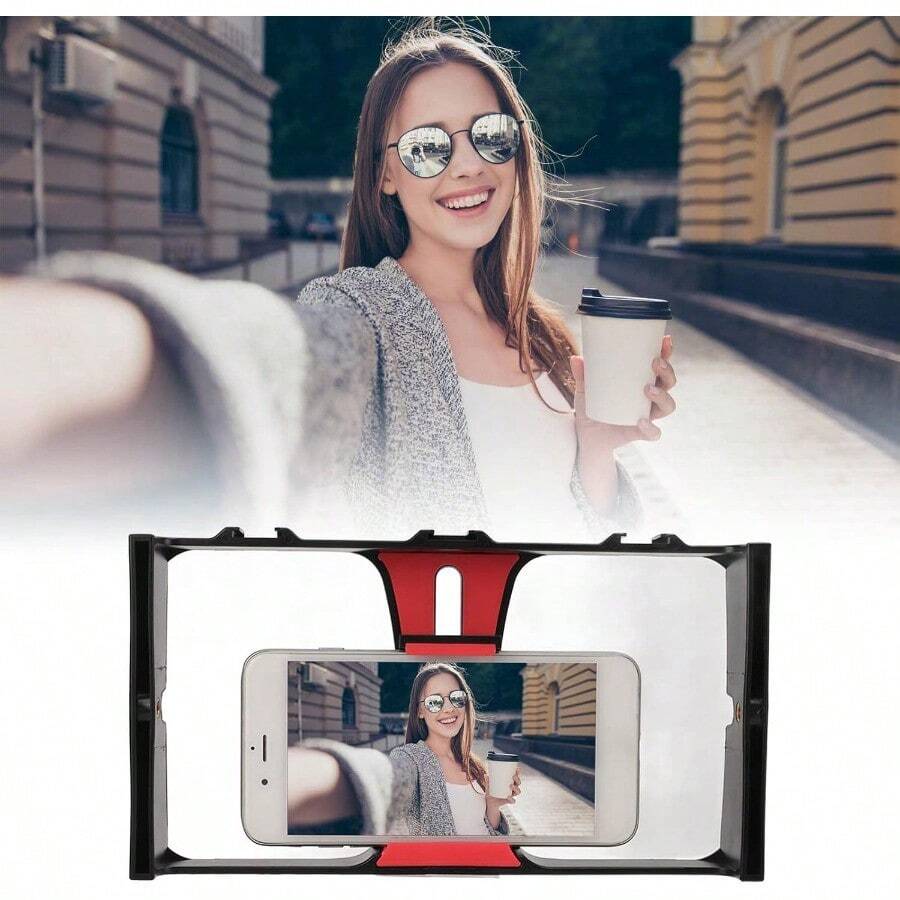 Smartphone Video Rig, 1/4 Inch Screw, Handheld Cell Phone Stabilizer, Phone Video Camera Cage, Support Microphone And LED Video Light, For Live Streaming Vlog - Red - View 1