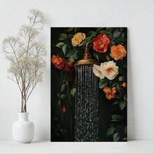 1pc Framed Canvas Wall Art Prints Poster, Shower Head In A Flower Bed, Surrounded By Roses And Green Leaves, Vintage Realistic Oil Painting Style Art Posters Canvas Print Painting For Living Room Bedroom Office Bathroom Dorm Home Decor, Ready To Hang, 2D Flat - 彩色 - 查看 1