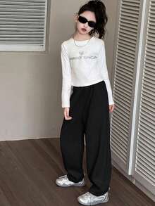 Girls' Gray Wide Leg Sweatpants, Casual Lightweight Spring Summer Autumn, Sports Style Girls Pants, Girls Clothes, Black Pants, Sports Wear, Green Pants, Black Pants, Children's Clothing, Girls Teenage Pants, Sports Pants, Girls Pants, Teenage Girls Clothing, Girls Winter Outfits, Cute Pants, Tween Girl Pants, Striped Pants, Girls Clothes, Tween Girl Cargo Pants, Tween Girl Sports Pants, Tween Girl Flare Pants, Autumn Tween Girl Clothes, 8-12Y - Black - View 6