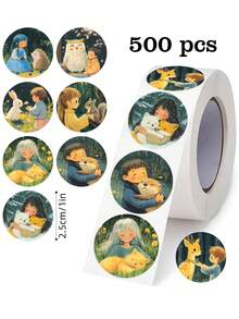 500 piezas/Rollo Criaturas del bosque Serie Amigos animales Pegatinas de garabatos, 1 pulgada redonda 8 patrones de dibujos animados, Suministros de oficina, Recompensas escolares, Scrapbooking, Botellas de agua, Fundas para teléfonos, Portátiles Decoración DIY, Hojas de pegatinas impermeables de PVC - Multicolor - Ver 6