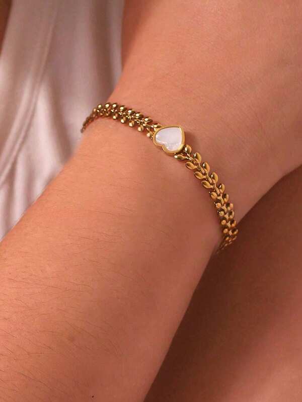 1 pulseira de verão para mulheres, corrente de trigo em aço inoxidável estilo praia em camadas, colar com pingente de coração e concha, joia da moda para presentear a mãe, dia dos namorados (contas de trigo, quantidade aleatória, sem caixa de presente)