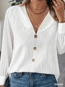 Women's Polyester V-Neck Button Front Long Sleeve Regular Blouse, White Top Spring - White - View 3