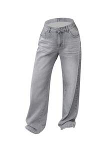 NVFelix 女士宽松直筒牛仔裤，做旧处理，复古休闲Y2K街头风，适合冬季，灰色。感恩节、新年皆宜。