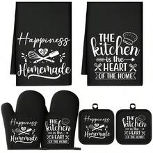 6pcs Heat Resistant Gloves And Pads Set, Includes 2pcs Microwave/Oven Gloves, 2pcs Placemats, 2pcs Dish Cloths