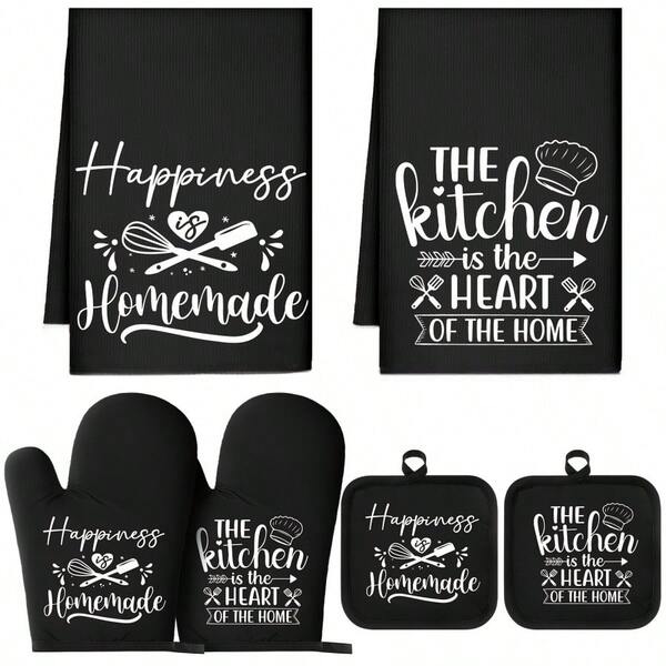 6pcs Heat Resistant Gloves And Pads Set, Includes 2pcs Microwave/Oven Gloves, 2pcs Placemats, 2pcs Dish Cloths