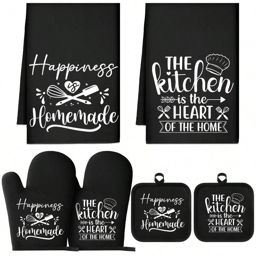 6pcs Heat Resistant Gloves And Pads Set, Includes 2pcs Microwave/Oven Gloves, 2pcs Placemats, 2pcs Dish Cloths