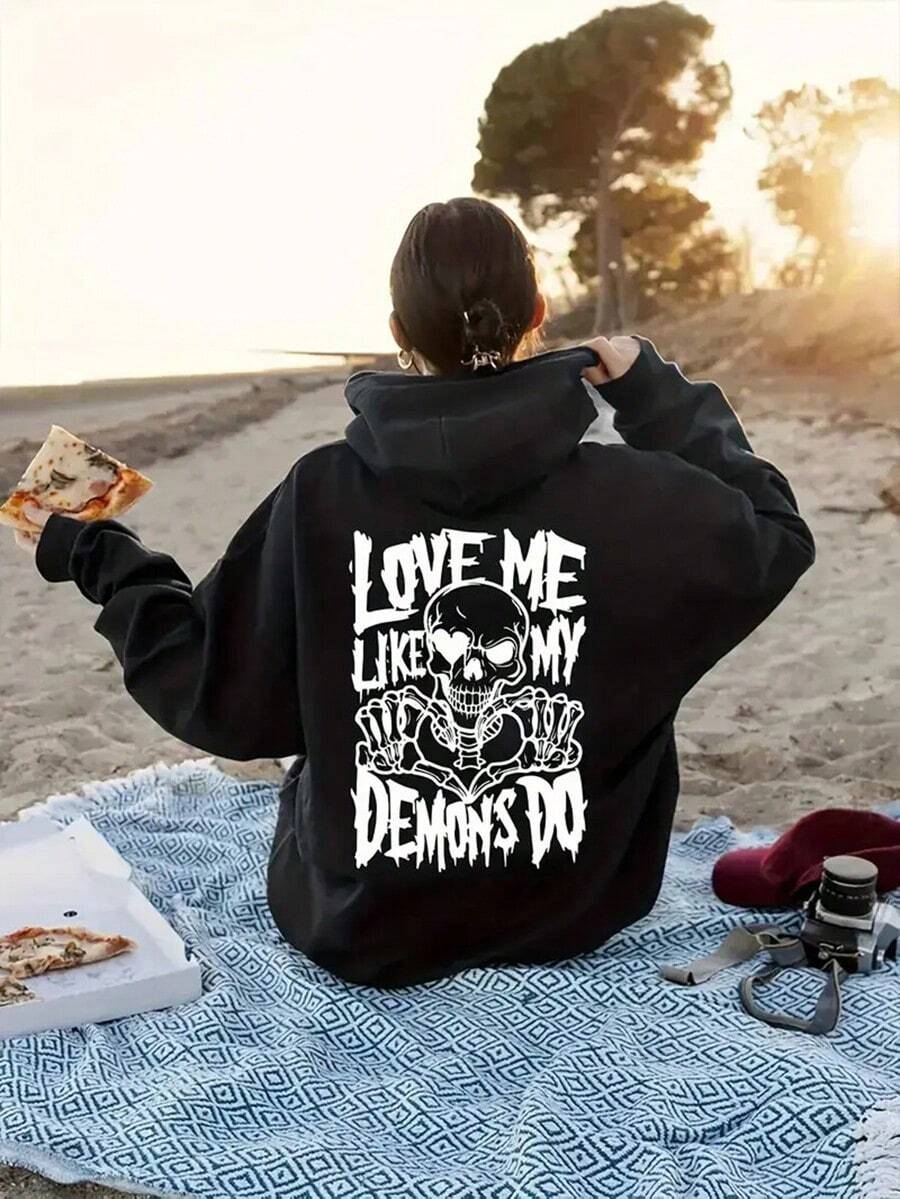 [Casual Hoodie] Polyester MEN's Hoodie | 1pc Casual Long Sleeve Pullover With Skeleton And Letter Print,  Pocket, Drawstring Hooded Sweatshirt For Fall/Winter,Fall Hoodies,Men's Fall Clothes,Street Wear,Halloween,Mens Hoodies,Y2k Clothes,Jesus Hoodie,Thanksgiving Day,Nightmare Before Christmas,Christmas - màu đen - Xem 1